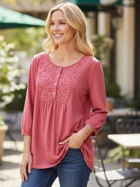 LOGO Lori Goldstein Lace Bib Tunic Top Pink Boho 3/4 Sleeve Cotton Large